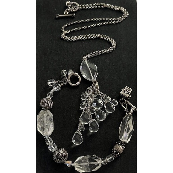STERLING SILVER Crystal Rock NECKLACE 23” W/Bracelet 7.5” Set - Picture 1 of 16